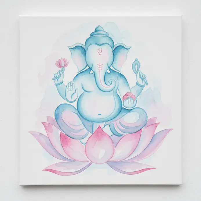 A soft, abstract depiction of Lord Ganesha seated on a lotus, created with blended acrylic washes in blues and pinks.