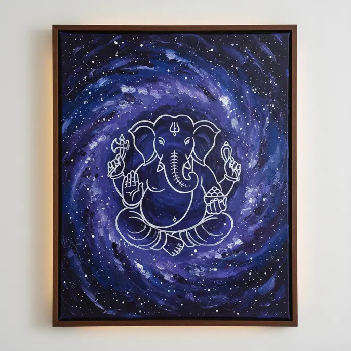 A dark blue and purple galaxy background with a white outlined contour of Lord Ganesha in the foreground.