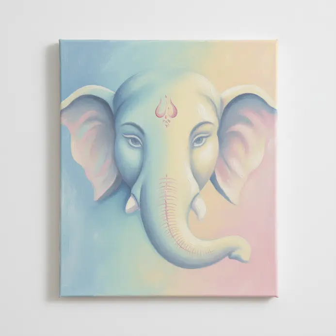A gentle portrait of Lord Ganesha's face using a soft ombre blend of pastel pink, blue, and yellow acrylics.