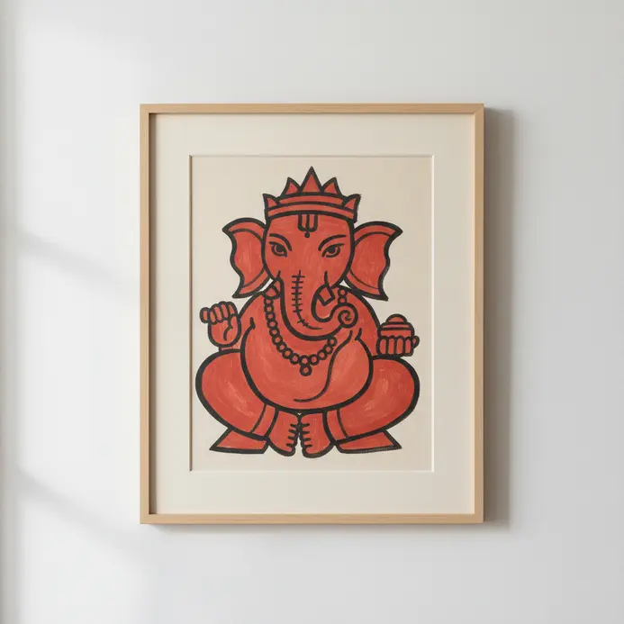 A rustic folk art style Lord Ganesha painted in earthy terracotta red with black outlines on a neutral canvas.