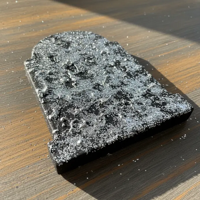 A tombstone shape cut from foam board, painted black and heavily coated with silver glitter.