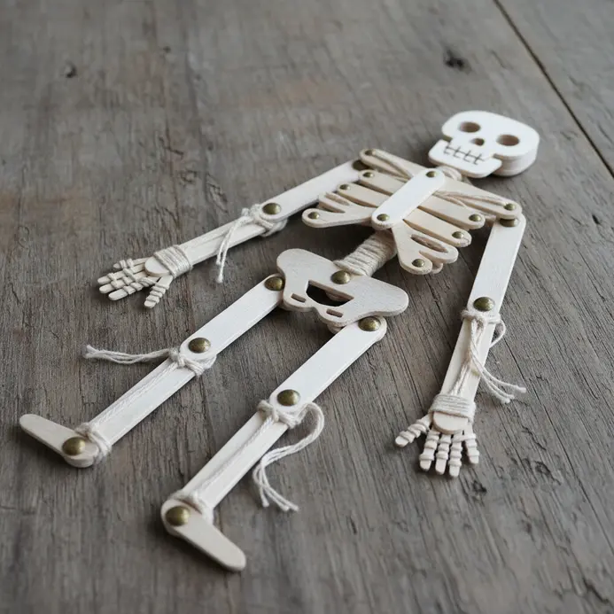 A small skeleton figure with jointed limbs, constructed from white popsicle sticks and connected with brads.