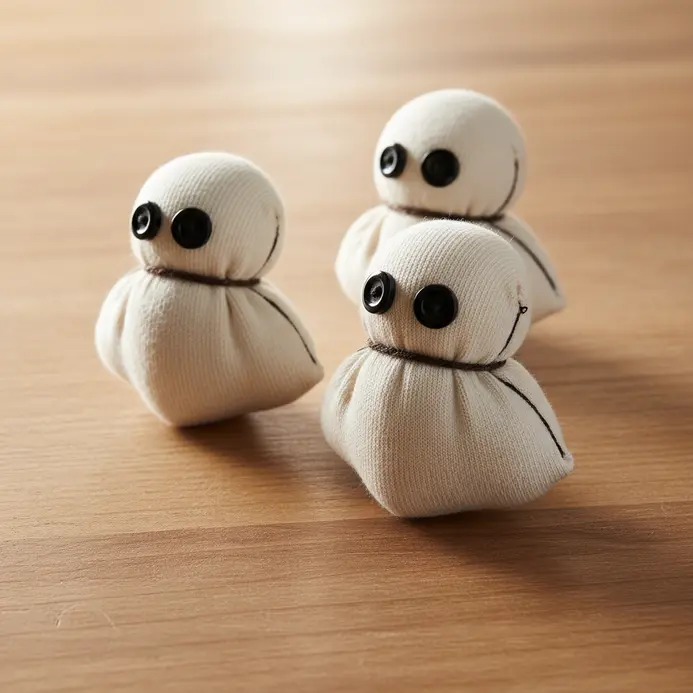 A small, plump ghost made from a white sock stuffed with cotton balls, with a tied neck and button eyes.