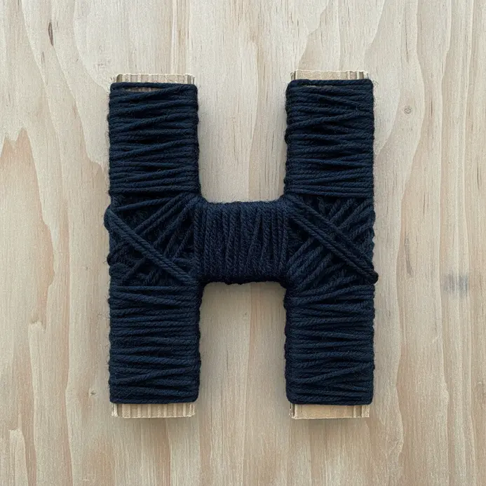 A oversized cardboard letter 'B' completely wrapped in black yarn, mounted on an orange wall.