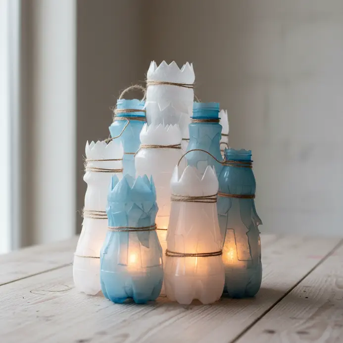 A clear plastic bottle cut and shaped into a lantern, with a tea light inside casting a soft glow.