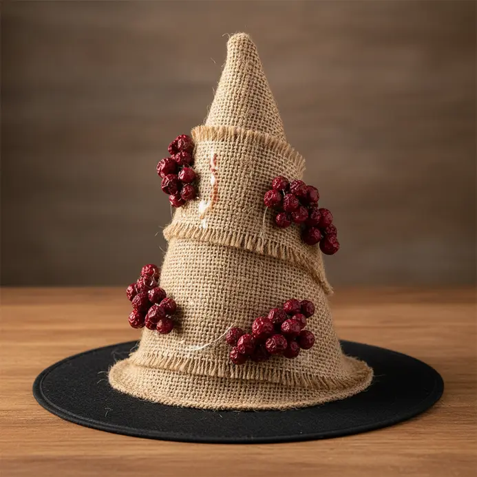 A black conical witch hat adorned with a wide band of burlap ribbon and small faux berries.