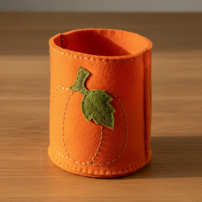A simple drawstring bag made from orange felt, with a green felt stem and leaf appliqued on the front.