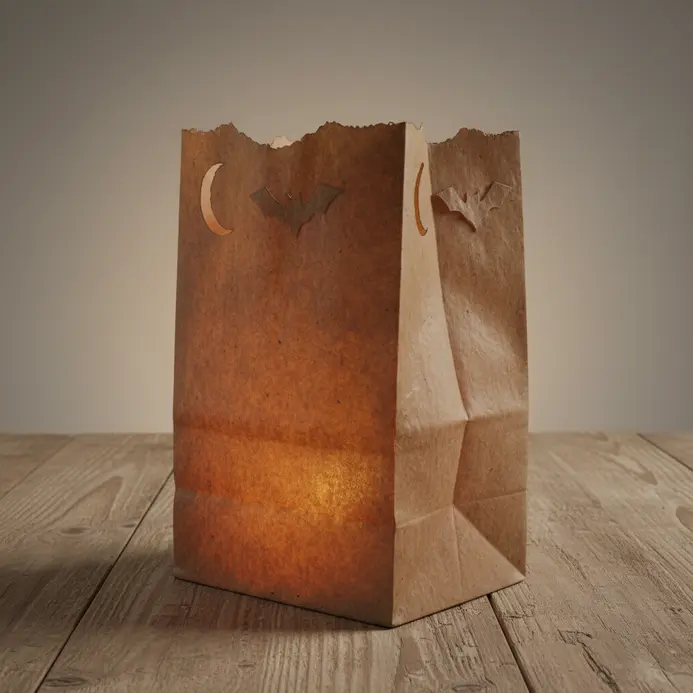 A brown paper bag with a cutout black cat silhouette, glowing from a tea light placed inside.