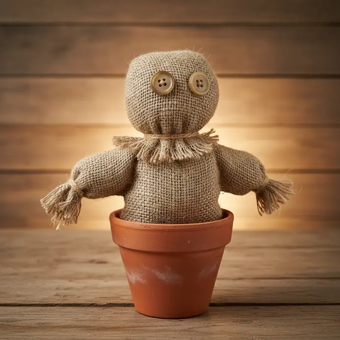 A miniature scarecrow made from burlap and sticks, with button eyes, placed in a small pot with a plant.