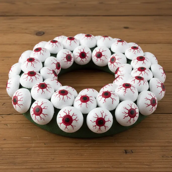 A wreath ring densely covered with painted styrofoam balls to create a cluster of staring eyeballs.