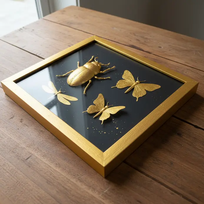 A plastic spider or beetle spray painted metallic gold, mounted inside a deep-set specimen frame.