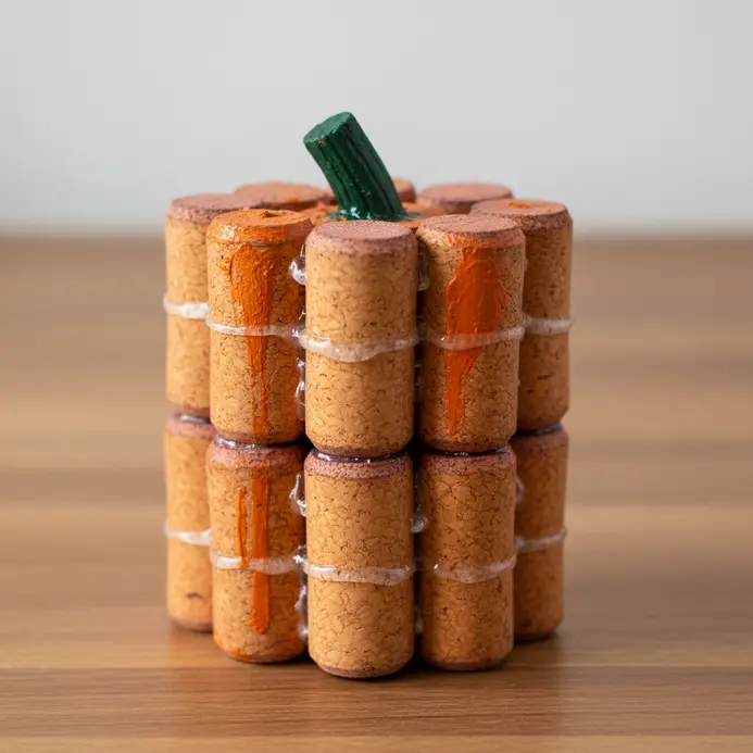 Several wine corks glued together and painted orange to form a tiny pumpkin shape with a green pipe cleaner stem.