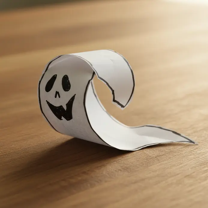 A finished, easy Halloween decoration like a painted rock or paper ghost sitting on a table.