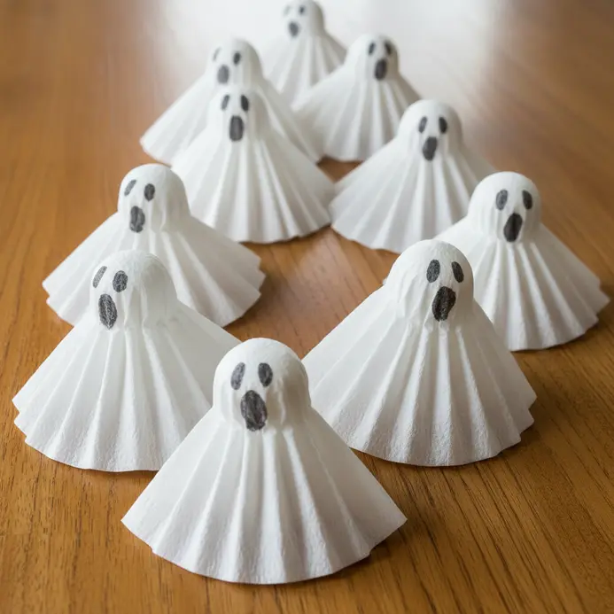 A string of white coffee filter ghosts with drawn-on faces, hanging against a dark background.