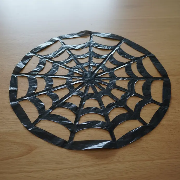 A large, lacy spiderweb shape cut from a single black plastic garbage bag, stretched across a corner.