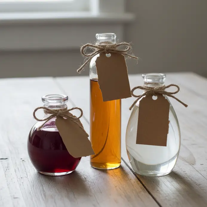 Three glass bottles of different shapes with colored water, tied with rustic twine and aged paper tags.