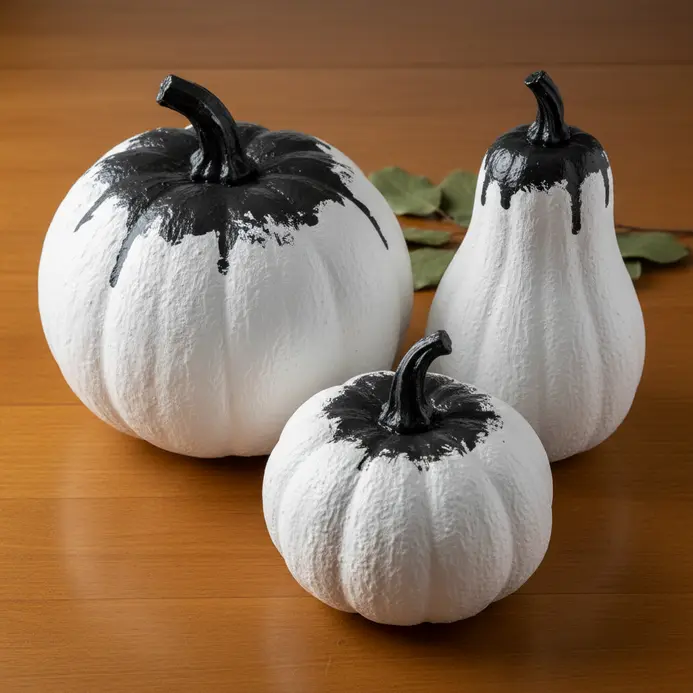 Three real or faux pumpkins painted matte white with their stems painted in contrasting black or gold.