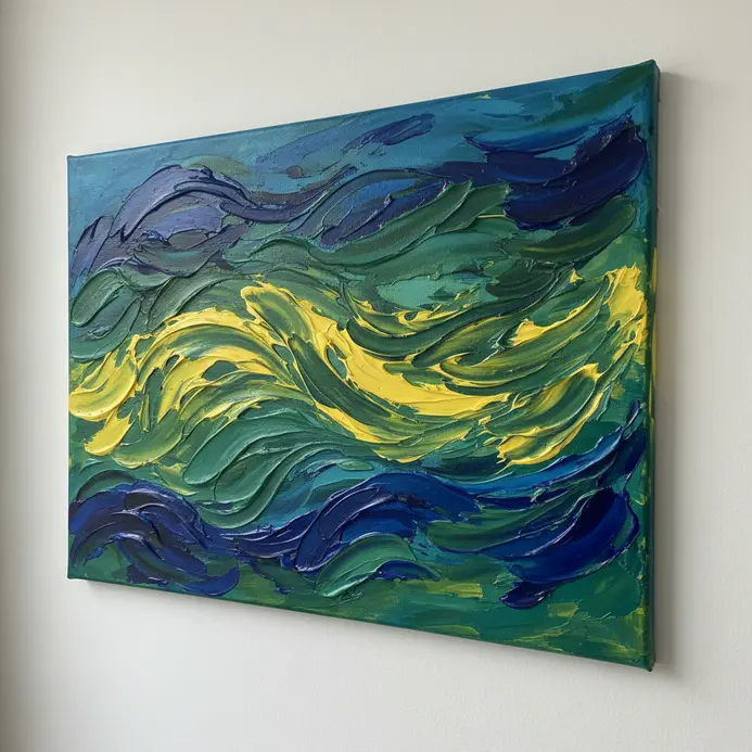 An abstract artwork with thick, wavy ridges of blue, green, and yellow acrylic paint applied with a palette knife.