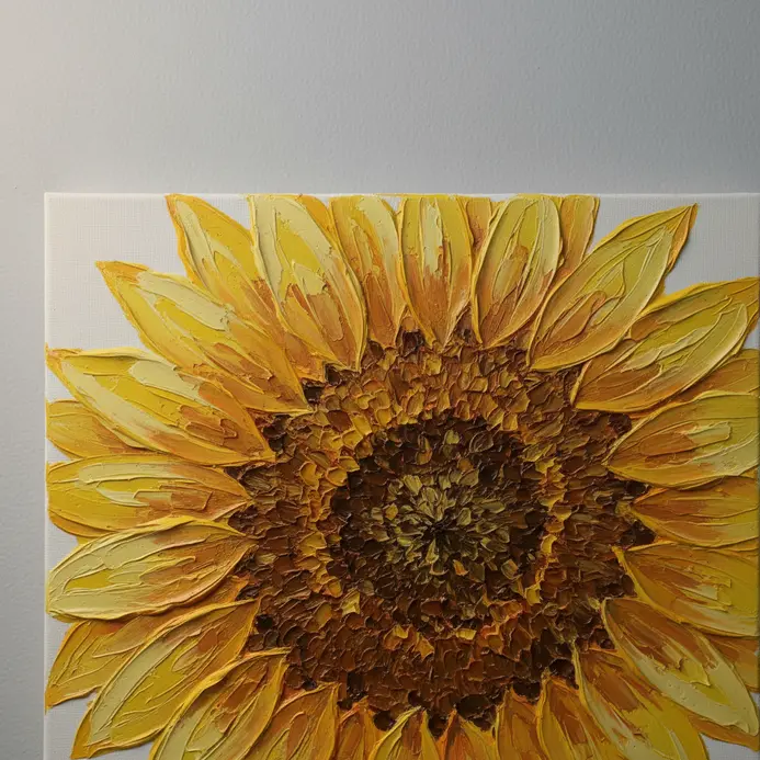 The textured center and overlapping yellow petals of a sunflower, built up with thick paint using a fan brush and knife.
