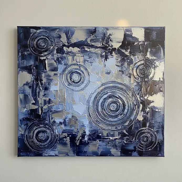 A textured water surface with concentric circles made from thick dots of paint to represent raindrop reflections.
