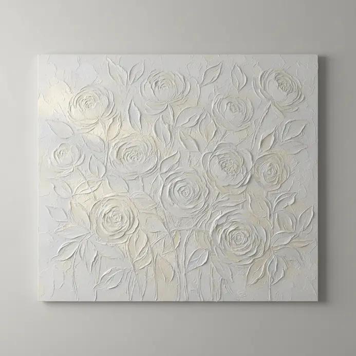A close-up of white flowers painted with thick, textured strokes of heavy body white acrylic on a white canvas.