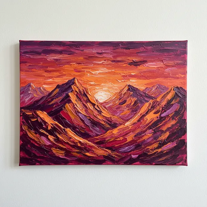 A textured painting of a sunset behind purple mountains, created with layers of thick orange, pink, and violet acrylic.
