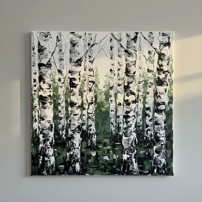 A row of white birch trees with black markings, created by scraping a palette knife through thick paint on a dark background.