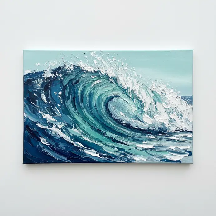 White and blue ocean wave crests built up with thick, three-dimensional strokes of acrylic paint.