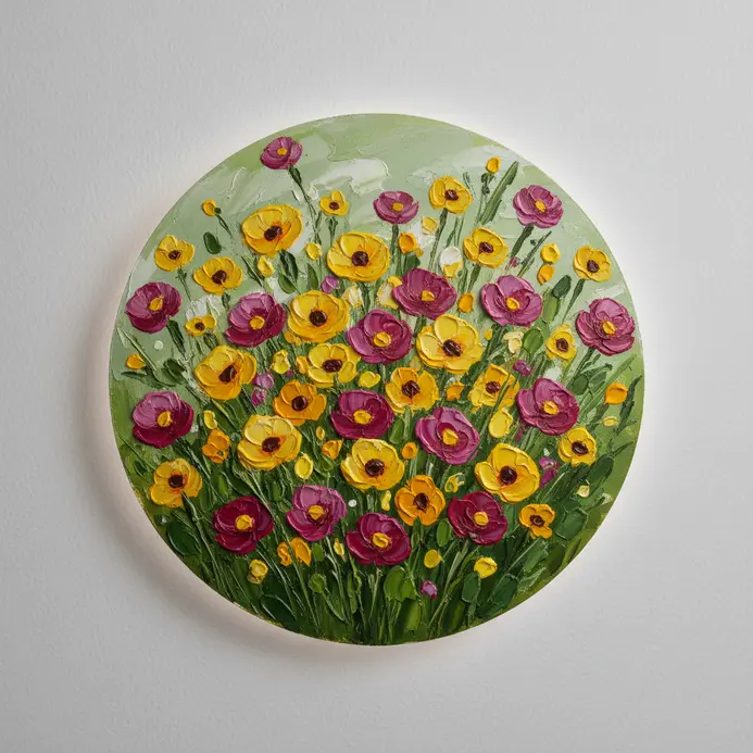 A circular cluster of colorful impasto flowers with textured petals and stems on a green background.