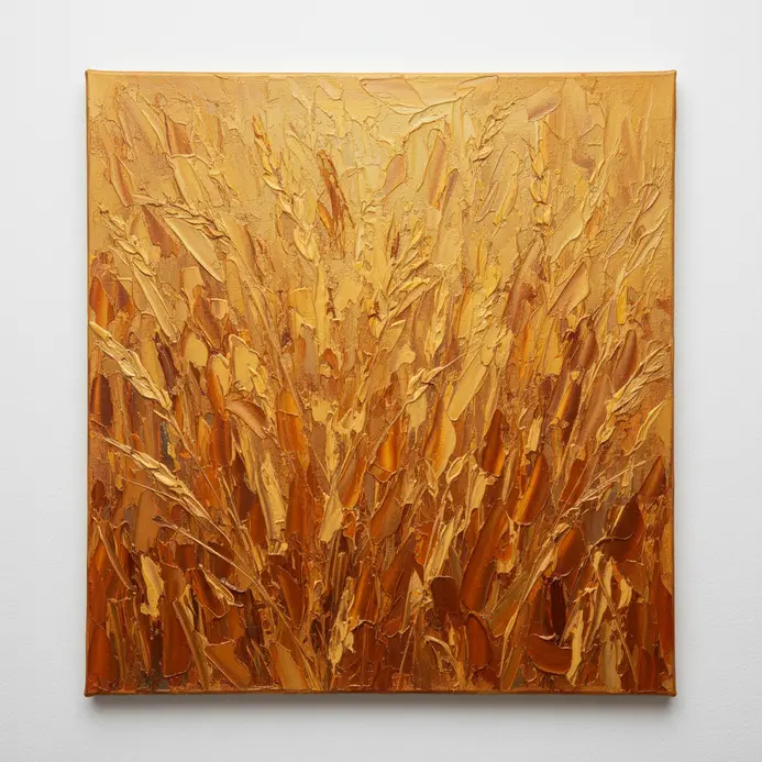 A field of golden wheat under a warm sky, created with thick strokes of yellow, orange, and ochre acrylic paint.