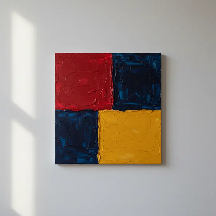 A composition of squares and rectangles in contrasting colors, each filled with thick, unblended acrylic paint.