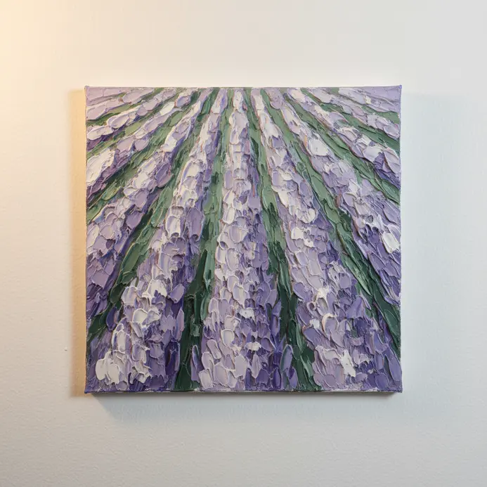 Parallel rows of purple lavender flowers and green foliage painted with thick, directional palette knife strokes.