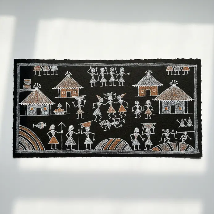A simple black and white painting of stick-figure people and triangular huts on a textured paper background.