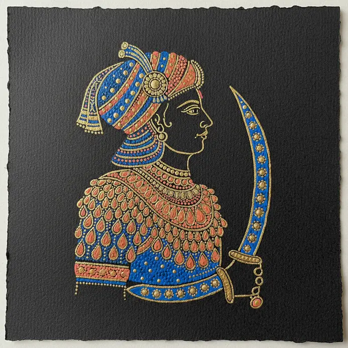 A profile portrait of a warrior with elaborate clothing and jewelry, painted in the flat, detailed style of Rajput miniatures.