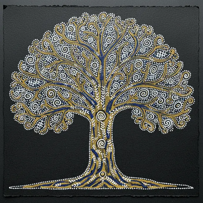 A stylized tree with a thick trunk and branches that are filled with repetitive tribal patterns like zigzags and dots.