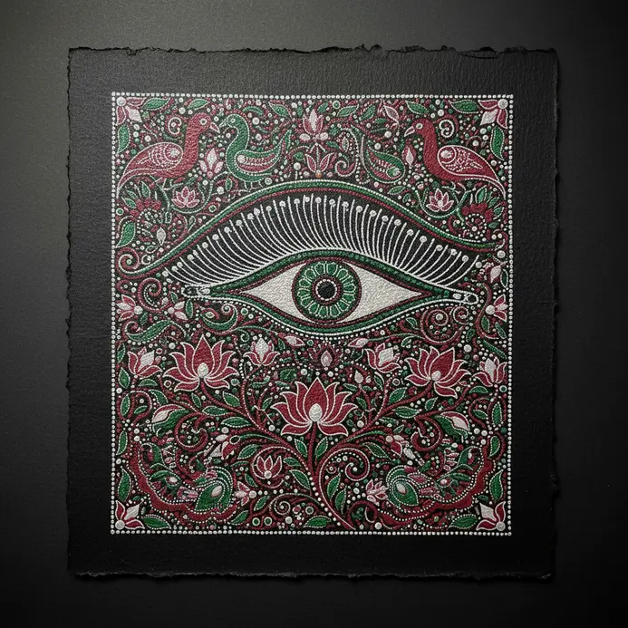 A close-up drawing of a large, expressive eye surrounded by elaborate floral and vine patterns in green and red.