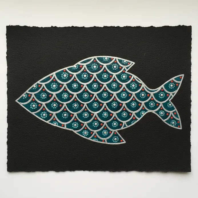 The body of a fish filled not with scales, but with dense, repeating patterns of lines, dots, and tiny shapes.