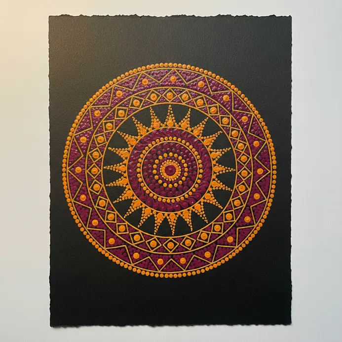A detailed painting of a stylized sun with concentric circles and geometric patterns in red, yellow, and black.
