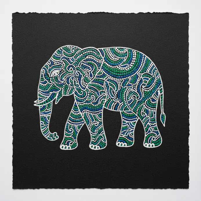 A stylized elephant outline on a dark background, filled with elaborate patterns of white dots and dashes.