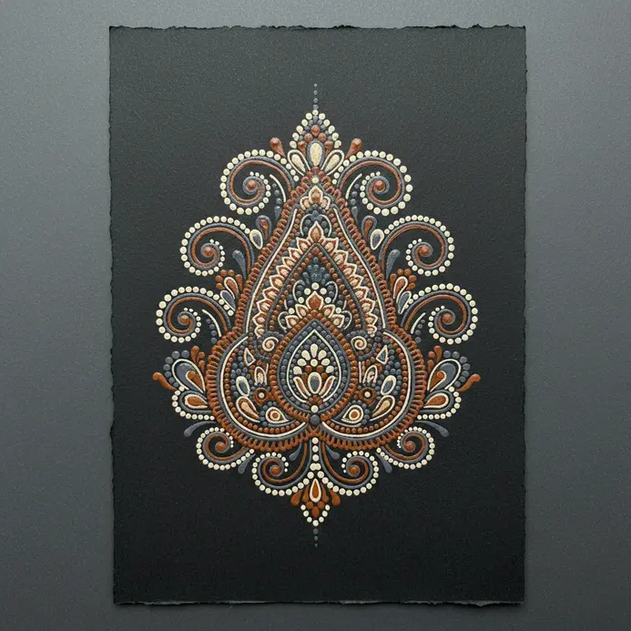 A detailed, symmetrical paisley shape filled with lace-like patterns, sketched with a brown pen on paper.