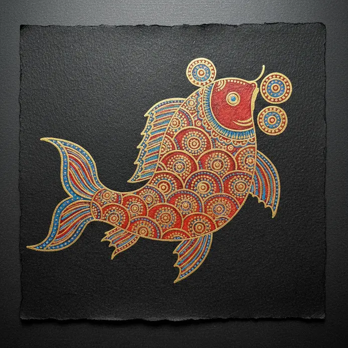 A brightly colored painting of a stylized fish with elaborate scales and floral motifs, typical of Pattachitra art.
