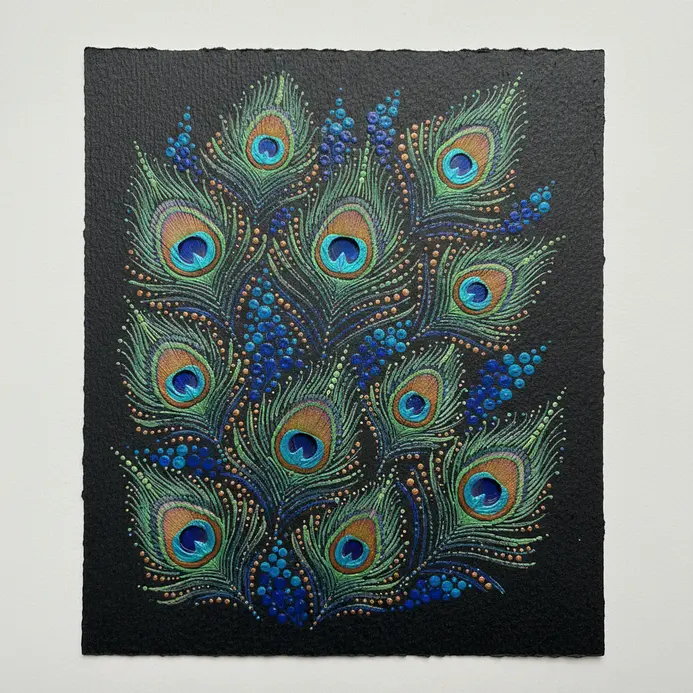 A close-up painting of a peacock's elaborate tail feathers, rendered with fine brushes and jewel-toned colors.