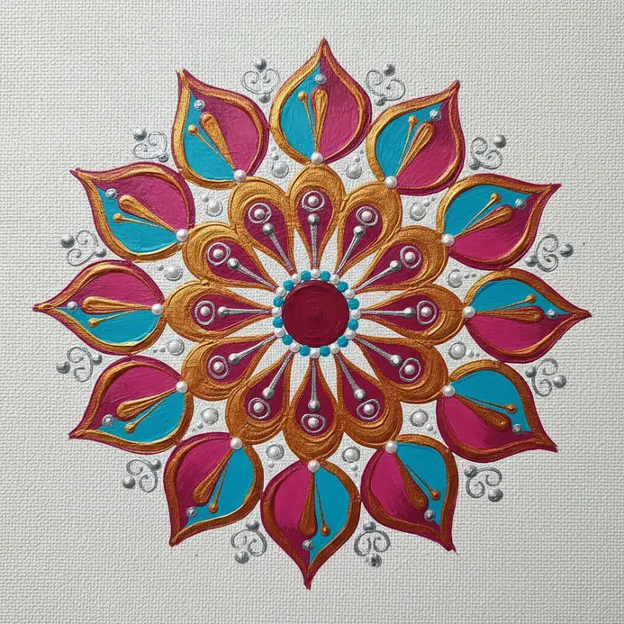 A symmetrical mandala with a central dot and layers of simple petal shapes extending outward.