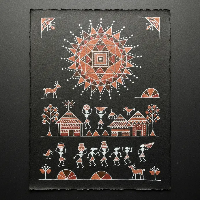 A black outlined geometric sun above a simple Warli village scene with stick figures and triangular huts, drawn with fine-liner on textured paper.