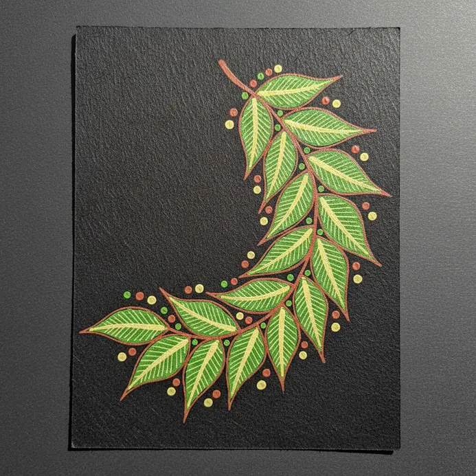 A string of mango leaves connected by a curved line, colored green with yellow accents, festive toran design.