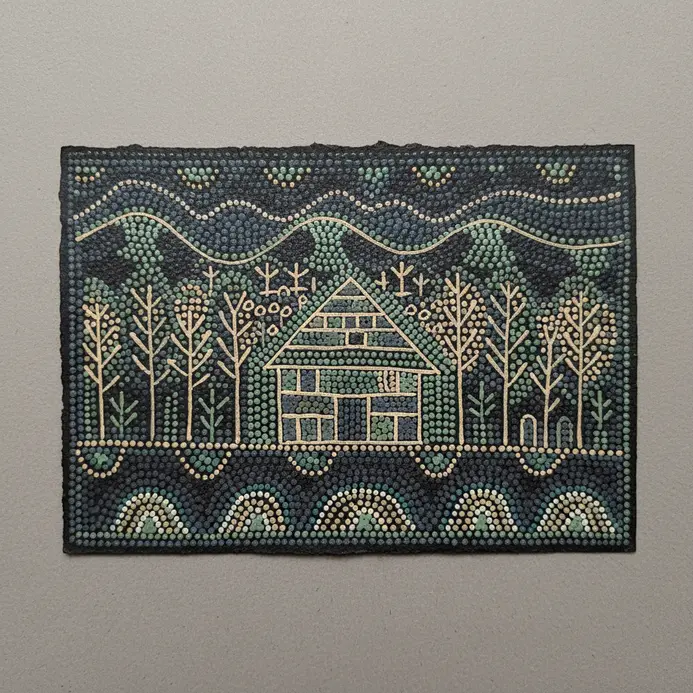A simple landscape with a triangular-roofed hut, stick trees, and a wavy line for hills, drawn with black pen and pale watercolor.