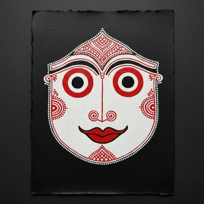 A symmetrical face with large round eyes, a simple nose, and a smiling mouth, Pattachitra-inspired, drawn in black and white.