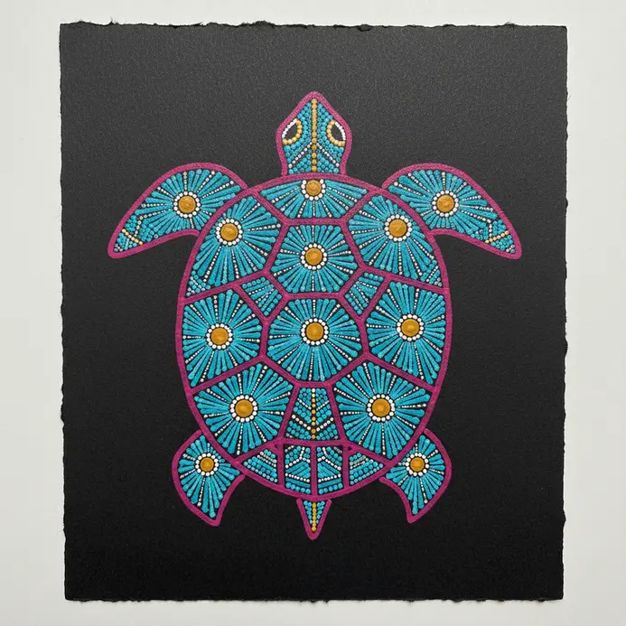 A turtle shell divided into patterned segments, each filled with dotted and dashed lines, Gond style on paper.