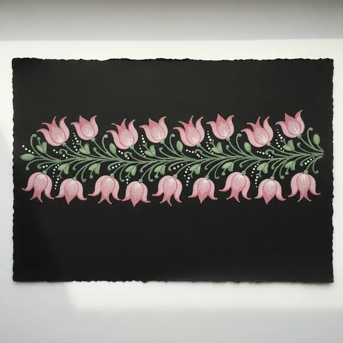 A row of lotus buds with curved stems, outlined in black and filled with soft pink and green.
