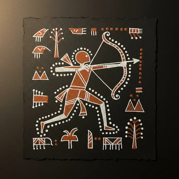 A Warli stick figure pulling a bow, with triangular body and circle head, drawn in white on earthy brown.